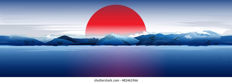 Sea, Mountains And Red Sun.
