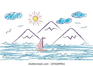 Sea, Mountains, Sailboat, Sun, clouds, seagulls - scribbles drawn by a child's hand with colored pencils. Seascape illustration isolated on white background