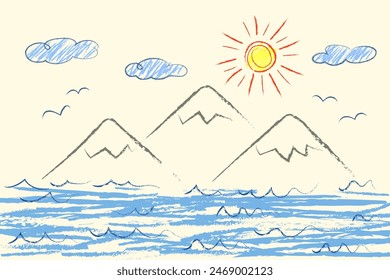 Sea, Mountains, Sun, clouds, seagulls - scribbles drawn by a child's hand with colored pencils. Seascape illustration isolated on white background