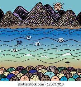 Sea, mountains, sun, dolphin