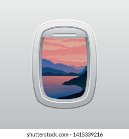 Sea and mountains at sunset. View from the window of the plane. Vector illustration.