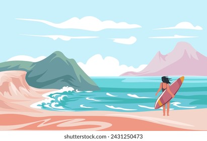 Sea and mountains view, female personage with surfboard enjoying waves and nature. Landscape with sandy beach, cliffs and rocks, sky with clouds and sunny weather, warm climate. Vector in flat style