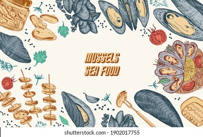 Sea mussels. Poster or banner in vintage retro style. Nautical molluscs. Ocean food background. Vector illustration. Hand drawn engraved retro sketch. Antique old monochrome style.