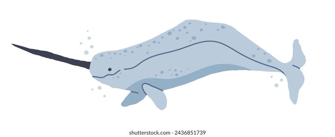 Sea narwhal. Ocean unicorn-fish, cute underwater fauna, hand drawn mammal animal flat vector illustration. Wild nature aquatic animal