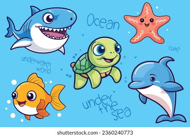 Sea nature background with cute sea and ocean animals. Shark, turtle, dolphin, fish, starfish vector cartoon. Underwater inhabitants of the sea.
