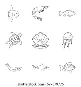 Sea nature icons set. Outline set of 9 sea nature vector icons for web isolated on white background