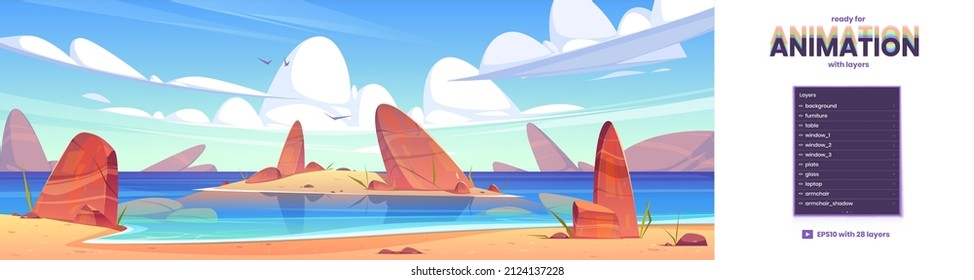 Sea nature landscape, ocean shallow parallax background with 2d separated layers ready for game animation. Rocks in clean water under fluffy clouds and gulls flying in sky, Cartoon vector illustration