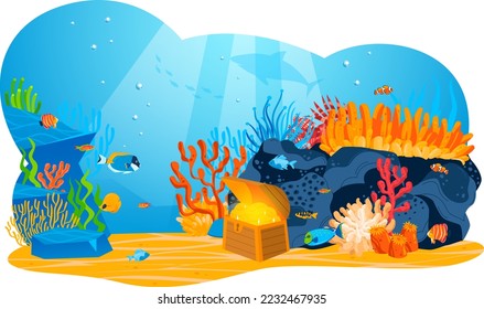 Sea nature, marine ocean tropical underwater wildlife, vector illustration. Fish in summer water chest of gold, treasure