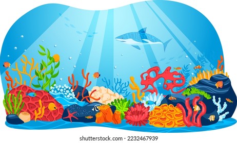 Naturaleza marina, fauna marina subacuática marina, ilustración vectorial. Pescado en agua de verano, animal de tiburón en el fondo de coral de dibujo