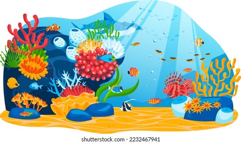 Sea nature, marine ocean tropical underwater wildlife, vector illustration. Fish in summer water, animal at drawing coral background.