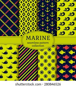 Sea and nautical backgrounds in dark blue, green and pink colors. Sea theme. Seamless patterns collection. Vector set. 