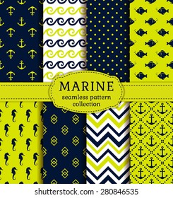 Sea and nautical backgrounds in dark blue, green and white colors. Sea theme. Seamless patterns collection. Vector set.