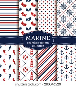 Sea and nautical backgrounds in white, blue and red colors. Sea theme. Seamless patterns collection. Vector set. 