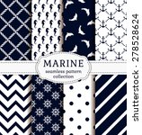 Sea and nautical backgrounds in white and dark blue colors. Sea theme. Seamless patterns collection. Vector set. 