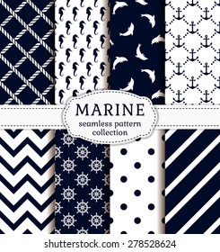 Sea and nautical backgrounds in white and dark blue colors. Sea theme. Seamless patterns collection. Vector set. 