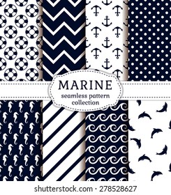 Sea and nautical backgrounds in white and dark blue colors. Sea theme. Seamless patterns collection. Vector set. 