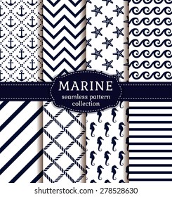 Sea and nautical backgrounds in white and dark blue colors. Sea theme. Seamless patterns collection. Vector set.  