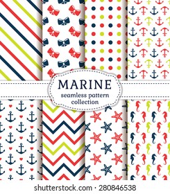 Sea and nautical backgrounds in white, red, green and blue colors. Sea theme. Seamless patterns collection. Vector set. 