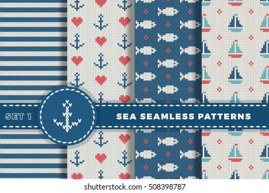 Sea and nautical backgrounds in white, turquoise, red and dark blue colors. Sea theme. Set seamless patterns collection. Woolen knitted texture. Vector Illustration