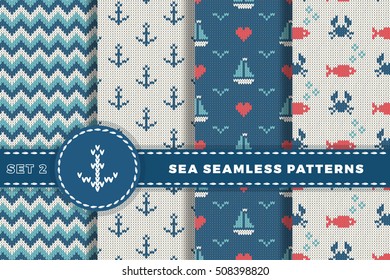 Sea and nautical backgrounds in white, turquoise, red and dark blue colors. Sea theme. Set seamless patterns collection. Woolen knitted texture. Vector Illustration