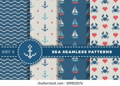 Sea and nautical backgrounds in white, turquoise, red and dark blue colors. Sea theme. Set seamless patterns collection. Woolen knitted texture. Vector Illustration