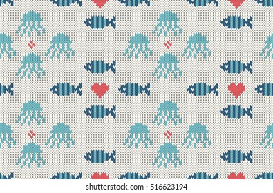 Sea and nautical backgrounds in white, turquoise, red and dark blue colors. Sea theme. Seamless patterns. Woolen knitted texture. Vector Illustration.