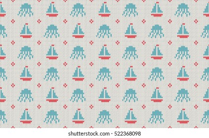 Sea and nautical backgrounds in white, turquoise, red and dark blue colors. Sea theme. Seamless patterns. Woolen knitted texture. Vector Illustration