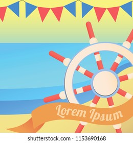 Sea and nautical colourful summer illustration. Summer nautical card in bright colors.Colorful illustration with handwheel, ribbon, flags and sea theme.