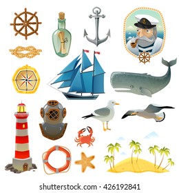 Sea nautical decorative color elements set of lighthouse captain with smoking pipe helm sailboat anchor isolated vector illustration 