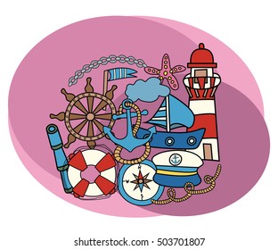 Sea and nautical design set. Cartoon free hand draw doodle vector illustration.  