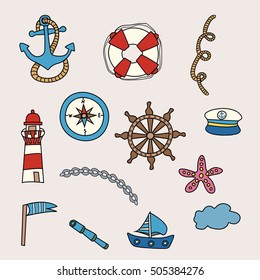 Sea and nautical design set. Cartoon free hand draw doodle vector illustration.