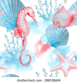 Sea, nautical, marine pattern  with isolated hand painted watercolor  objects: sea shells, sea horse, corals, fish. Underwater life. 