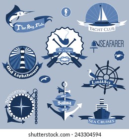Sea nautical navigation skipper blue labels set isolated vector illustration