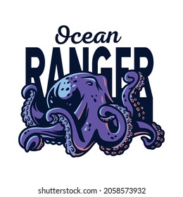 Sea or nautical octopus monster or kraken. Marine wanderlust and adventure design for print. Oceanic explorer