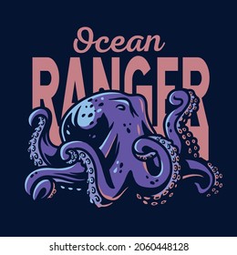 Sea or nautical octopus monster or kraken. Marine wanderlust and adventure design for print. Oceanic explorer