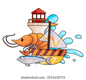 Sea nautical seafood shrimp fish boat and light house emblem badge illustration