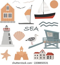 Sea nautical vector elements set