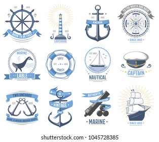 Sea nautical vector old rettro badge set sailing hat, boats, fish themed label icon vintage ship sign anchor rope wheel sea hat ribbons travel element graphic ocean illustration cruise insignia