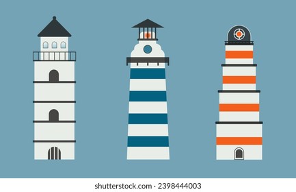 Sea navigation lighthouse towers flat vector illustration isolated on blue background. Light tower, seaside architecture. Marine navigation lighthouses collection.