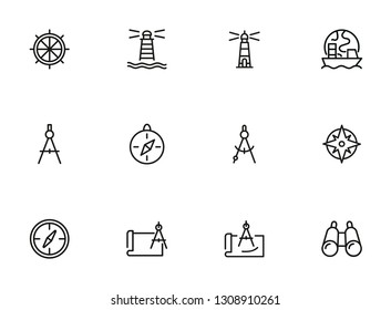 Sea navigation line icon set. Set of line icons on white background. Lighthouse, steering wheel, ship. Travel concept. Vector illustration can be used for topics like sea trip, tourism, cruise
