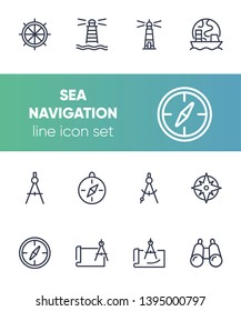 Sea navigation line icon set. Set of line icons on white background. Lighthouse, steering wheel, ship. Travel concept. Vector illustration can be used for topics like sea trip, tourism, cruise