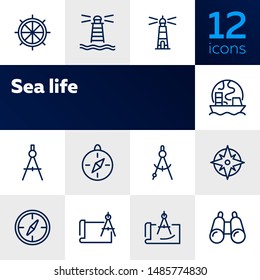 Sea navigation line icon set. Set of line icons on white background. Lighthouse, steering wheel, ship. Travel concept. Vector illustration can be used for topics like sea trip, tourism, cruise