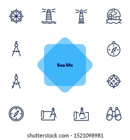 Sea navigation line icon set. Set of line icons on white background. Lighthouse, steering wheel, ship. Travel concept. Vector illustration can be used for topics like sea trip, tourism, cruise