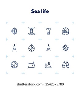 Sea navigation line icon set. Set of line icons on white background. Lighthouse, steering wheel, ship. Travel concept. Vector illustration can be used for topics like sea trip, tourism, cruise