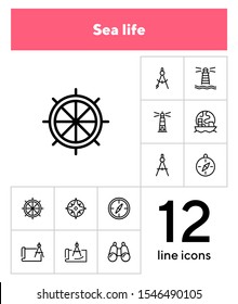 Sea navigation line icon set. Set of line icons on white background. Lighthouse, steering wheel, ship. Travel concept. Vector illustration can be used for topics like sea trip, tourism, cruise