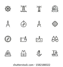 Sea navigation line icon set. Set of line icons on white background. Lighthouse, steering wheel, ship. Travel concept. Vector illustration can be used for topics like sea trip, tourism, cruise