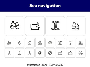 Sea navigation line icon set. Set of line icons on white background. Lighthouse, steering wheel, ship. Travel concept. Vector illustration can be used for topics like sea trip, tourism, cruise