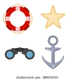 Sea navigation objects set. Marine icons set with anchor,binoculars, starfish and lifebuoy.  vector illustration