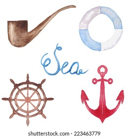 Sea navigation objects set. Watercolor hand painted the anchor, a smoking pipe, a lifeline and a steering wheel