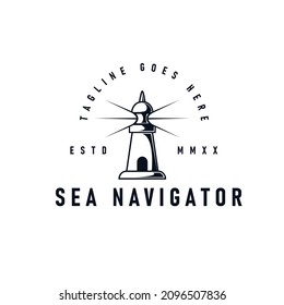 Sea navigator logo with Lighthouse illustration. Beacon logo icon vector Illustration.